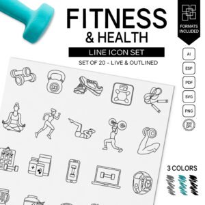 Health and Fitness Line Icon Set by Two Door Studio
