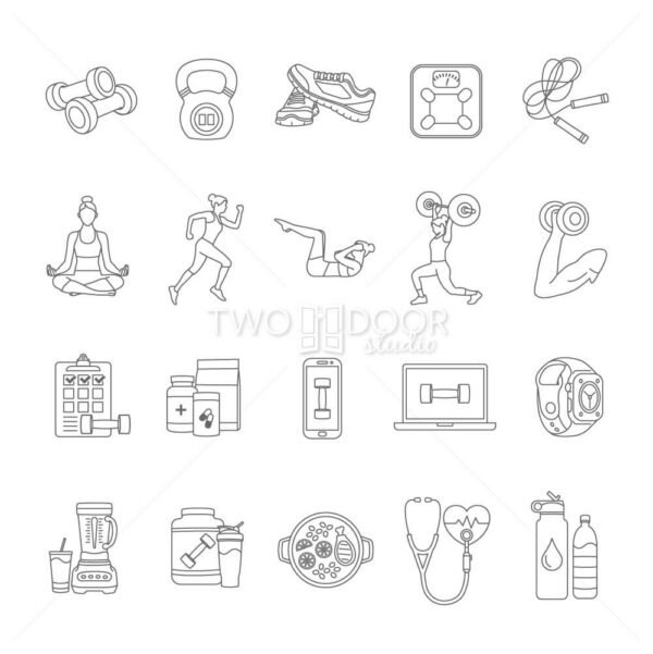 Health and Fitness Line Icon Set by Two Door Studio