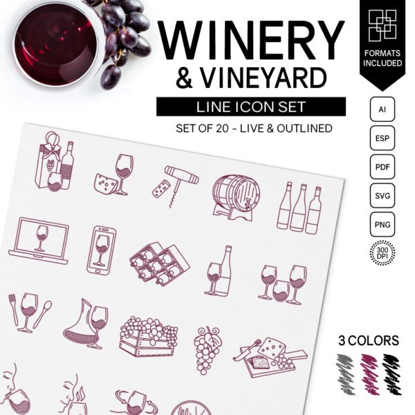 Winery and Vineyard Line Icon Set by Two Door Studio Main Image